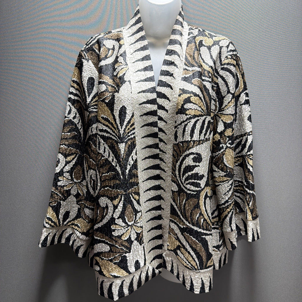 CHICOS TRAVELERS 2 Womens Jacket Open Crush Printed Contrast Trim Bohemian LARGE