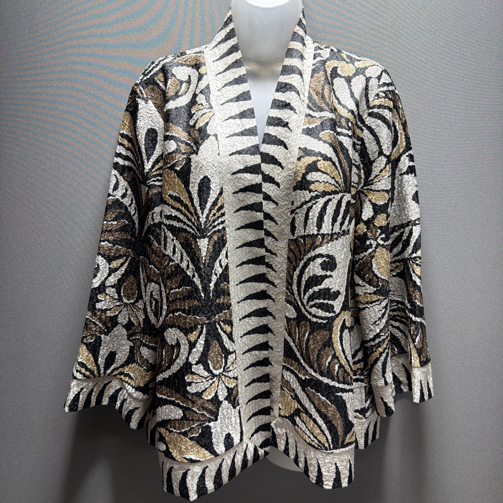 CHICOS TRAVELERS 2 Womens Jacket Open Crush Printed Contrast Trim Bohemian LARGE