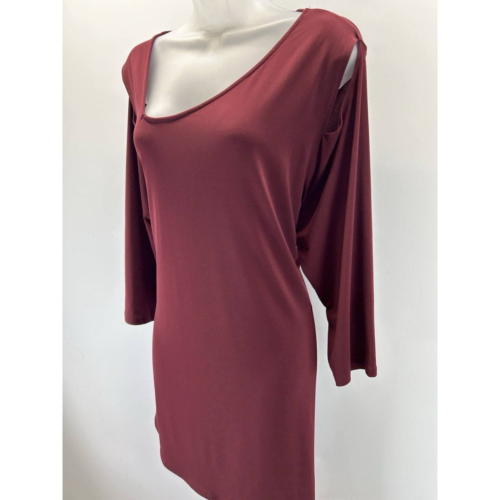 ALFANI SZ 2X Burgundy Split Sleeves Off Shoulder Sheath Midi Dress LAYERED.