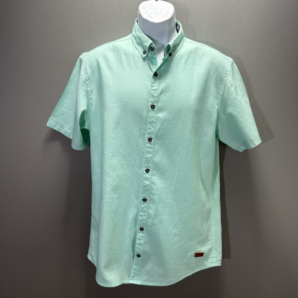 Outpost Makers Mens L Mint Green Short Sleeve Button Down Shirt Buckle Casual