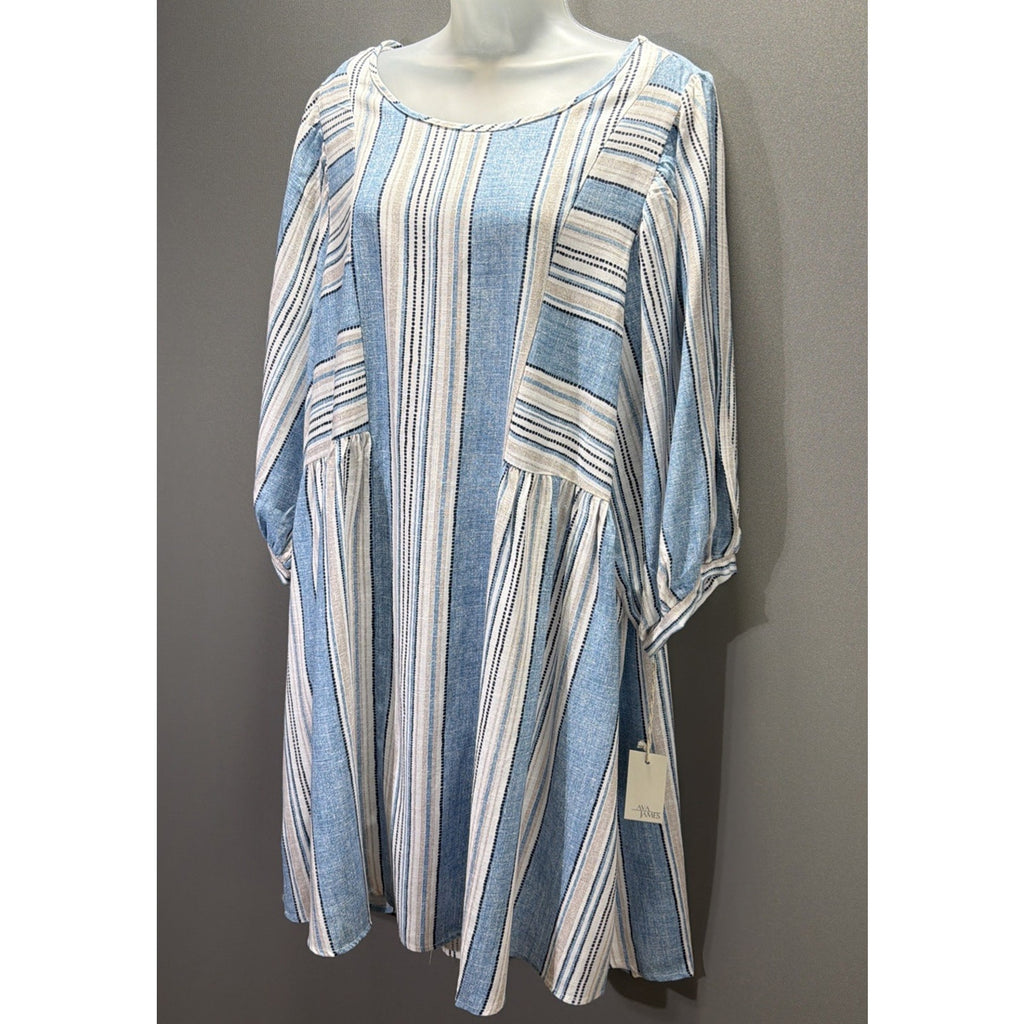 Ava James Plus Size 2X Dress Blue White Striped Linen Blend Balloon Sleeve New