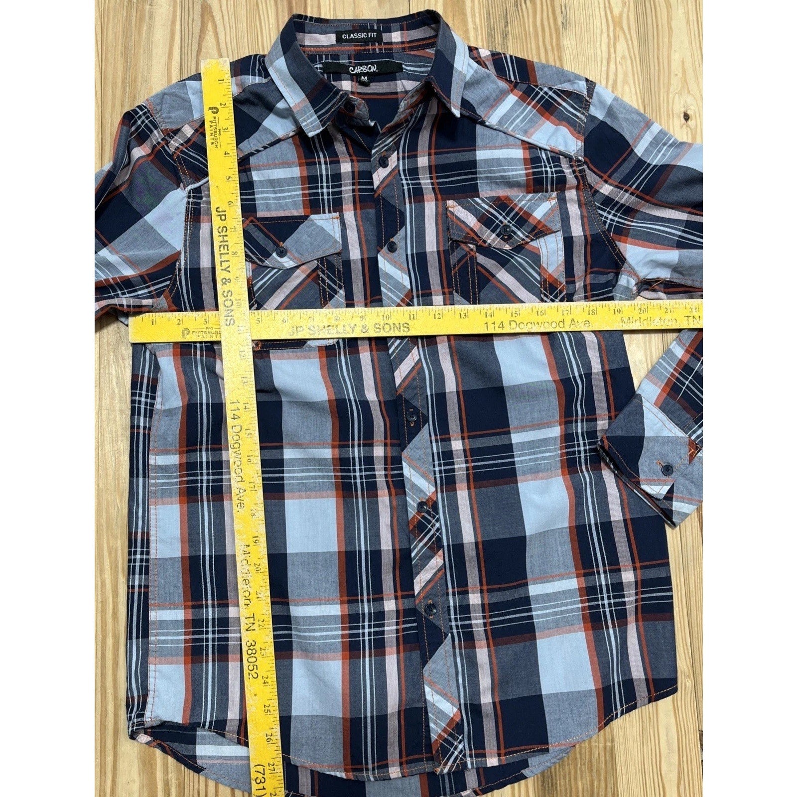 Carbon Mens Shirt Button Down Long Sleeve Plaid Classic Fit Size Medium
