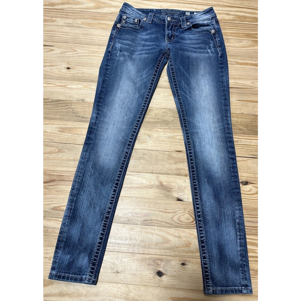 Miss Me Signature Rise Skinny Blue Jeans Womens Size 27x31 Rhinestones Embellish