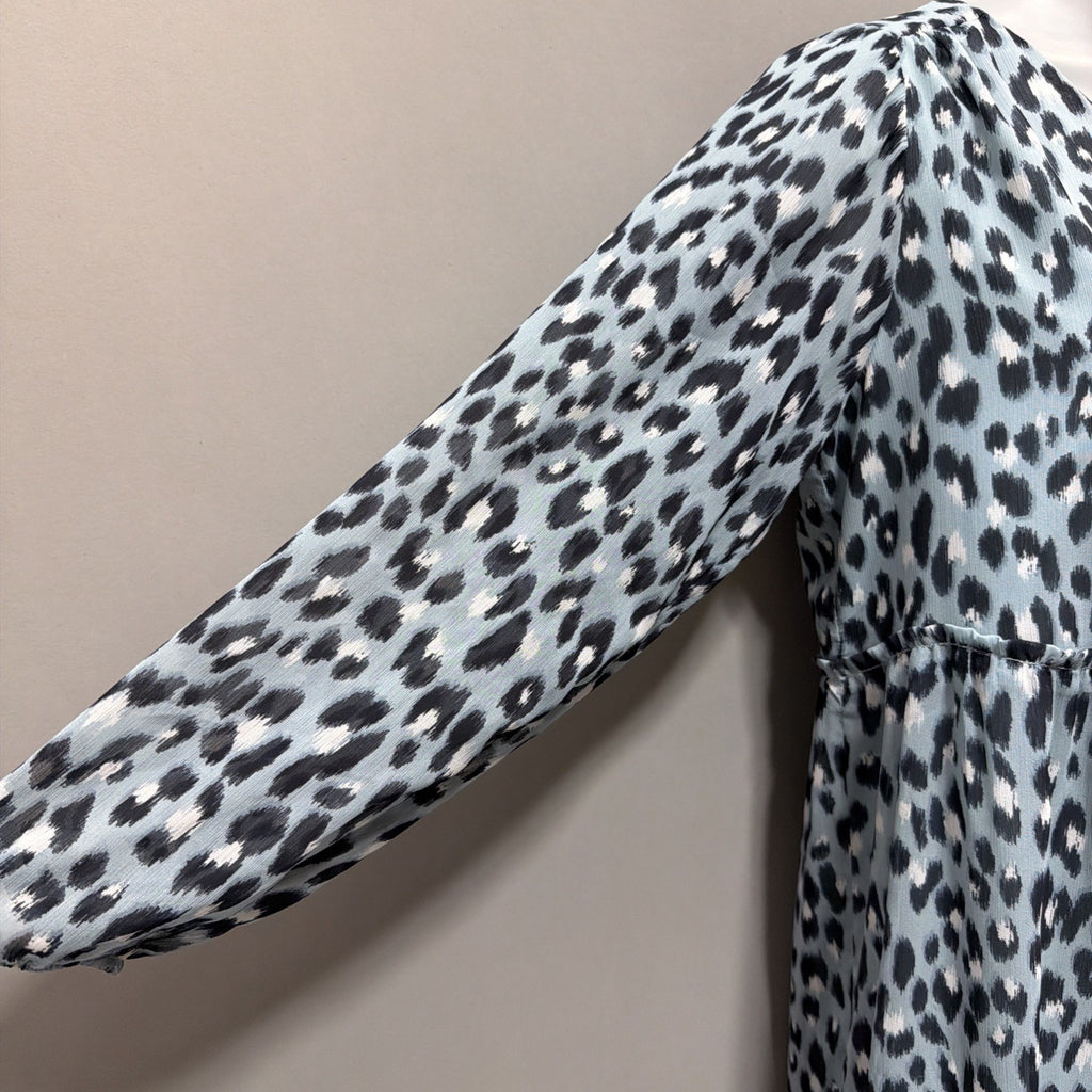 Loft Blue Leopard Print Puff Sleeve Mini Dress Size Petite XS Babydoll NWT