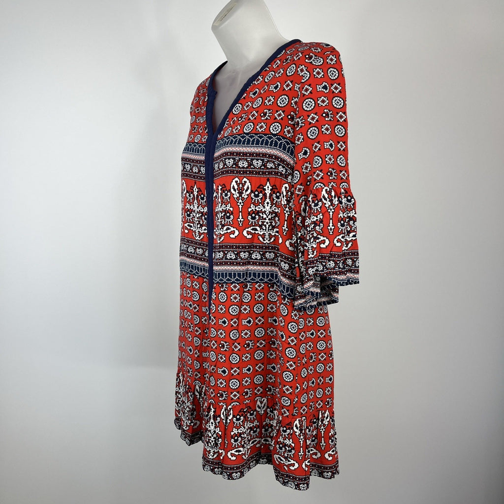 JOY JOY Womens V-NECK Geo Print Boho Dress STRETCH TUNIC 3/4 SLEEVES Medium