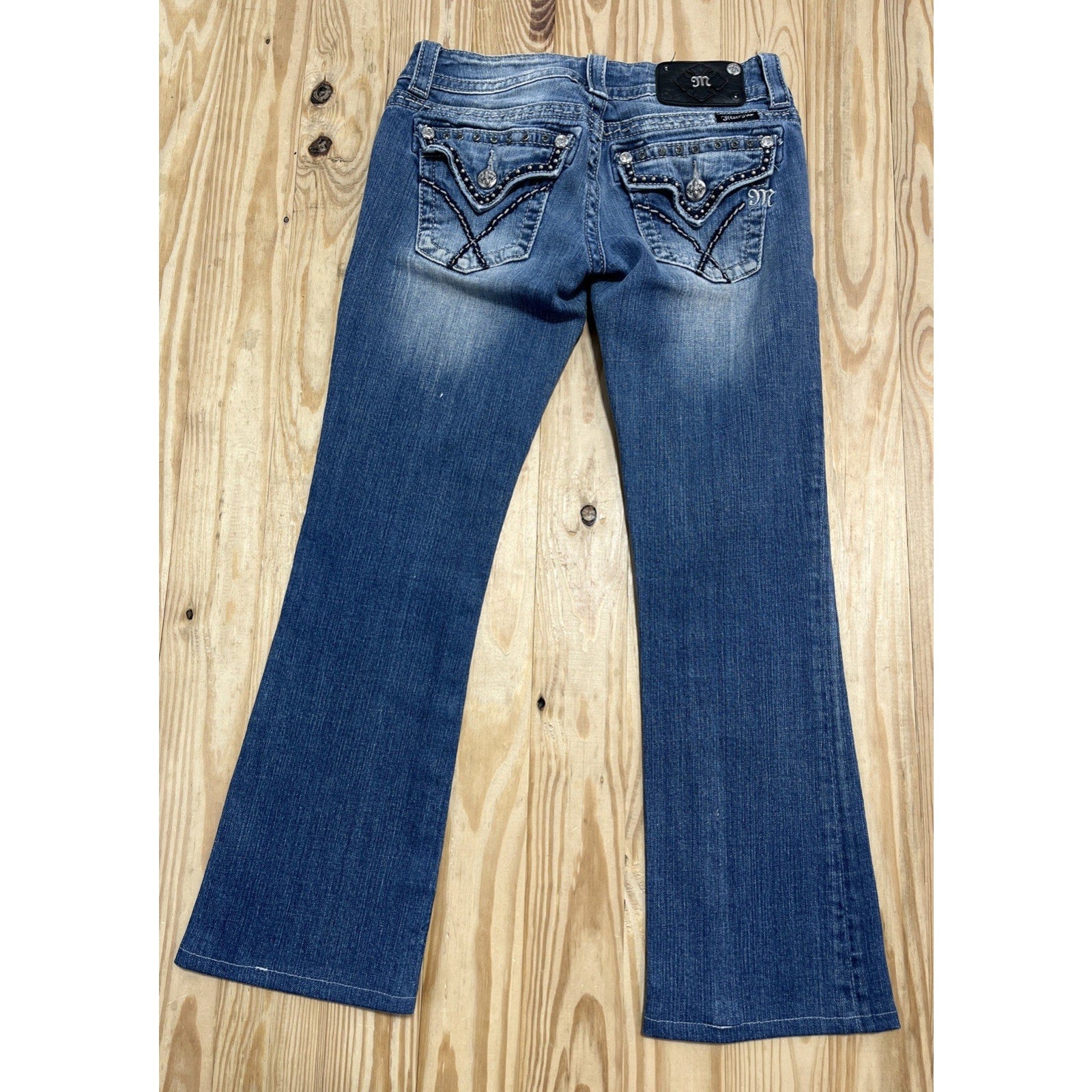 Miss Me Bootcut Jeans Size 26x27 Blue Low Rise Thick Stitch Studded Denim Hem