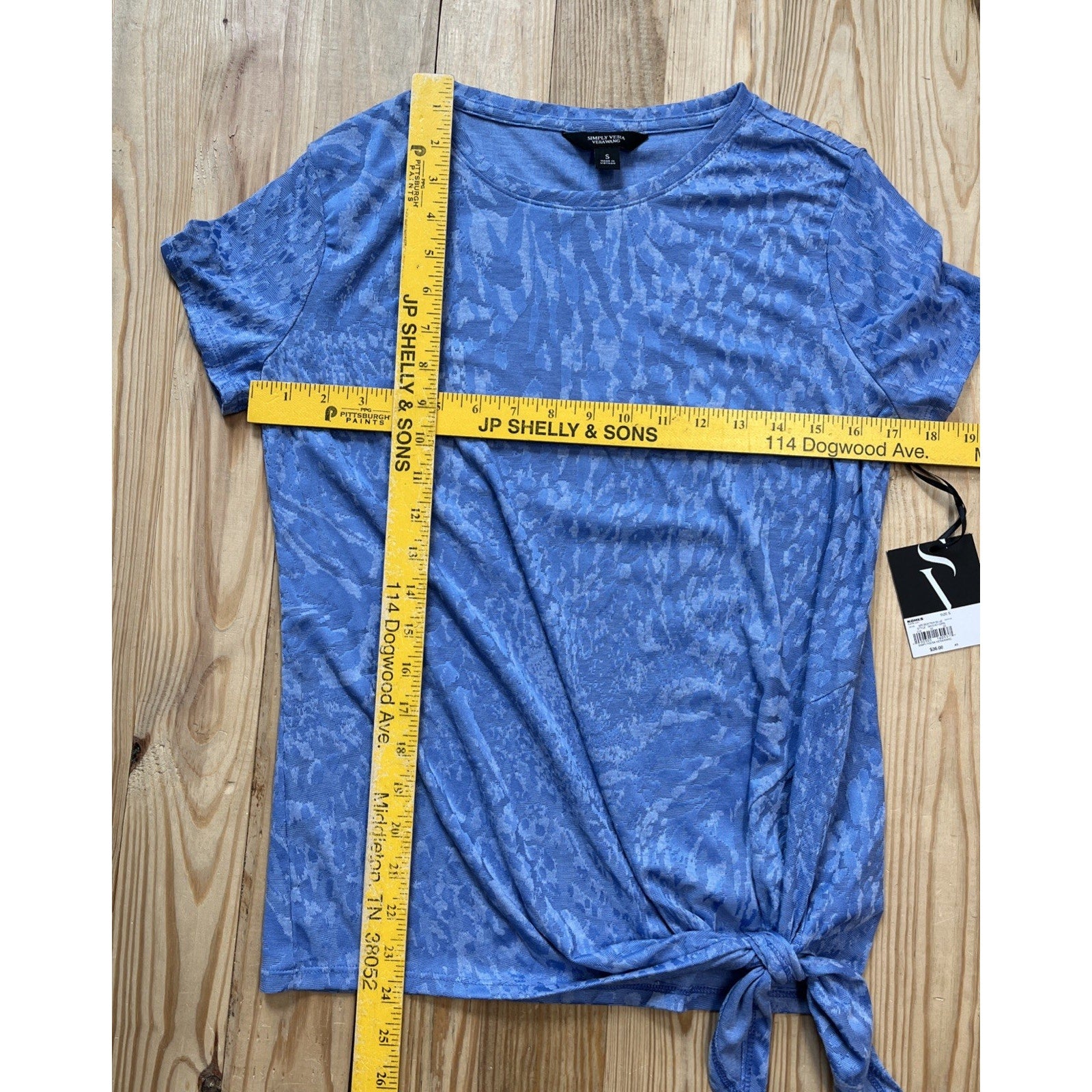 NWT Simply Vera Wang Tee Top Sash-Tie Waist Solid-Leopard Pattern Sz S Blue