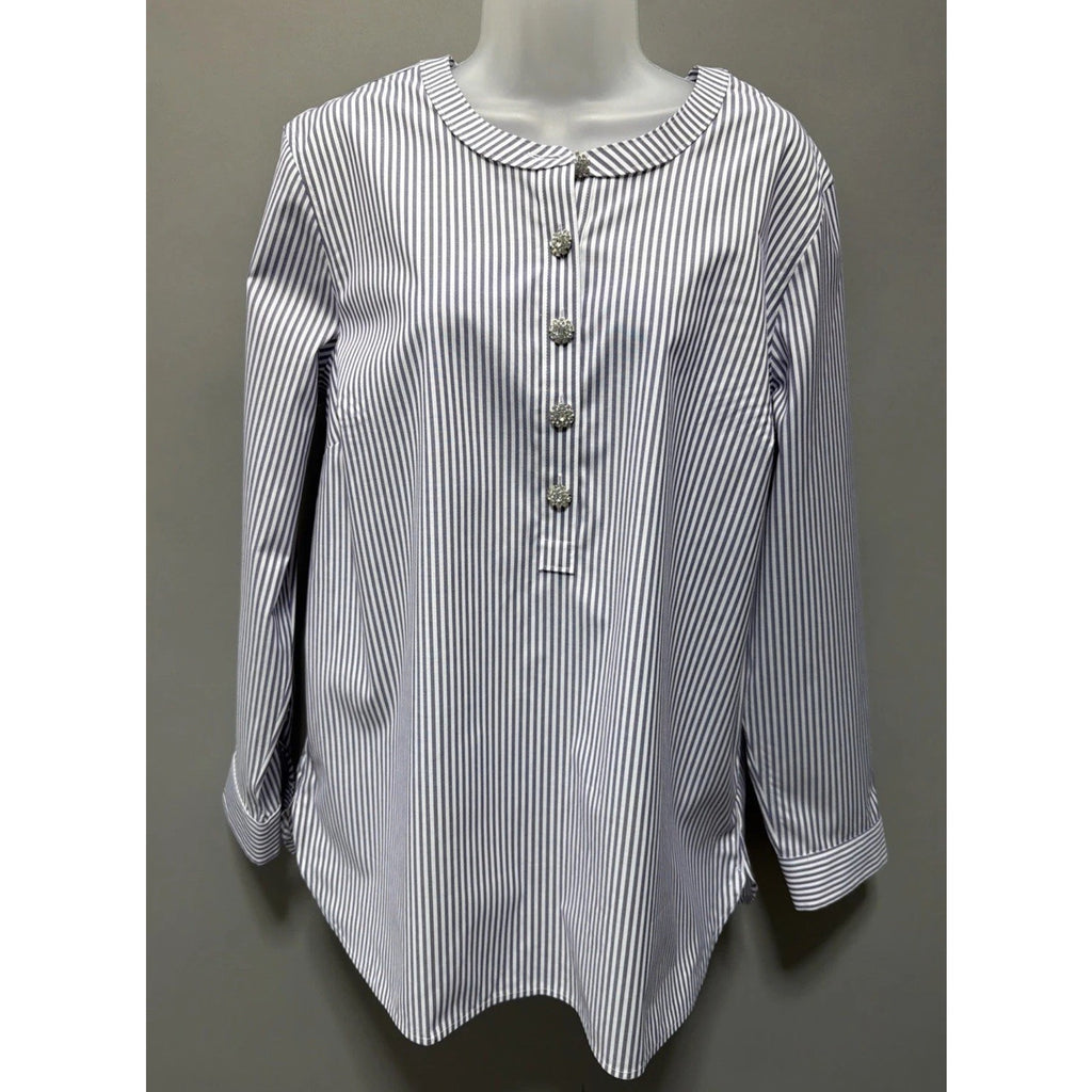 TALBOTS Non Iron Band Collar Tunic XL Dreamy Striped Embellished Button New