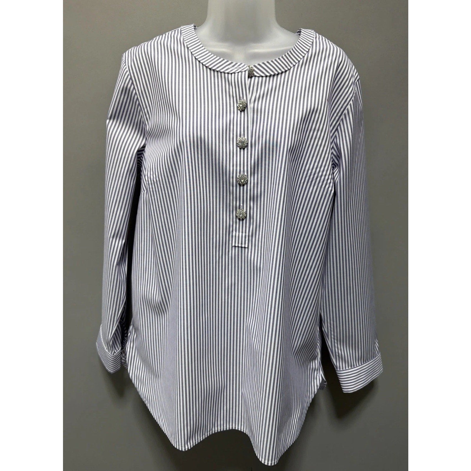 TALBOTS Non Iron Band Collar Tunic XL Dreamy Striped Embellished Button New