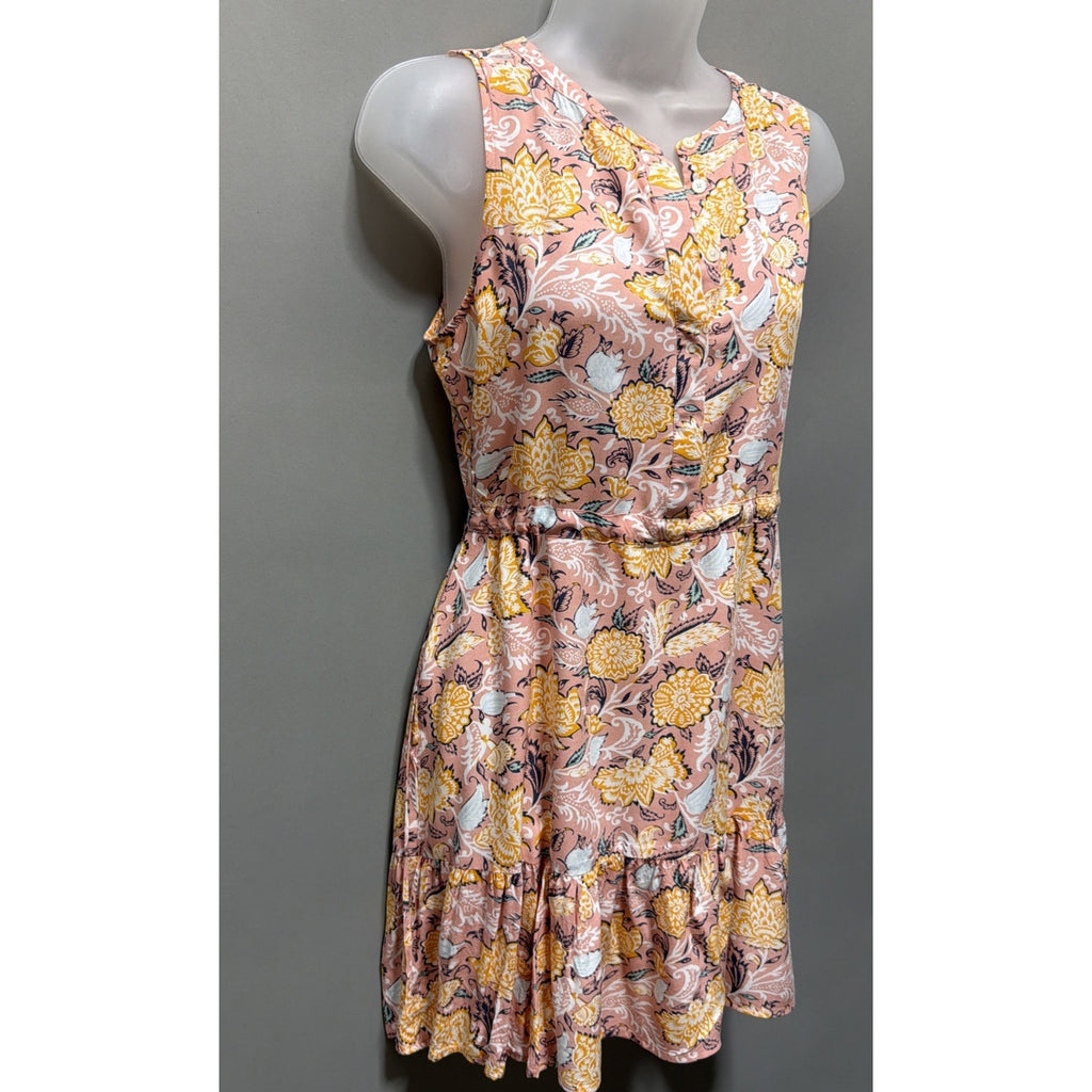 LOFT Floral Sleeveless Dress Small Pink Boho Ruffle Hem Button Front Summer