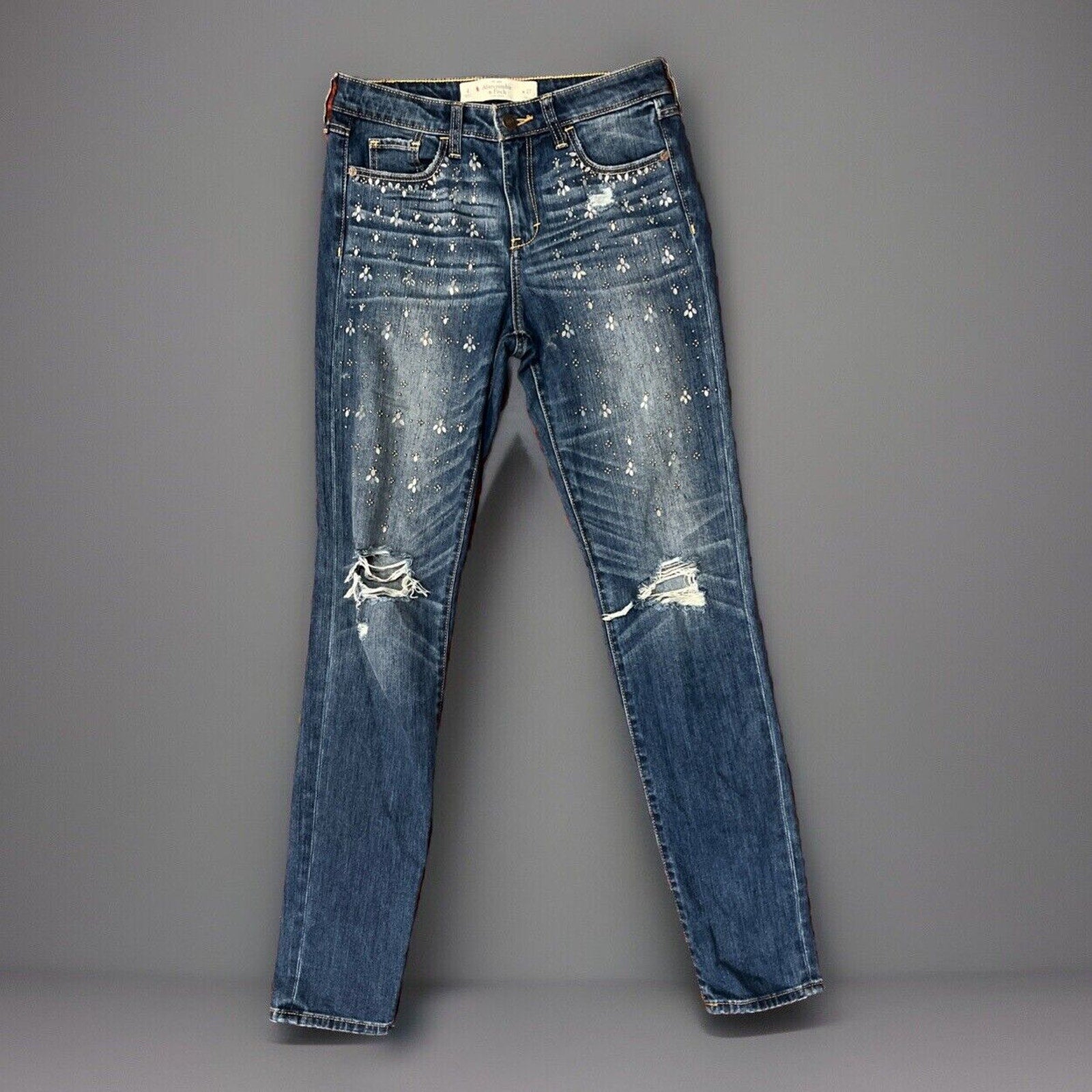 Abercrombie & Fitch Women Shine Destroyed Dark Wash Super Skinny Jeans 4 27