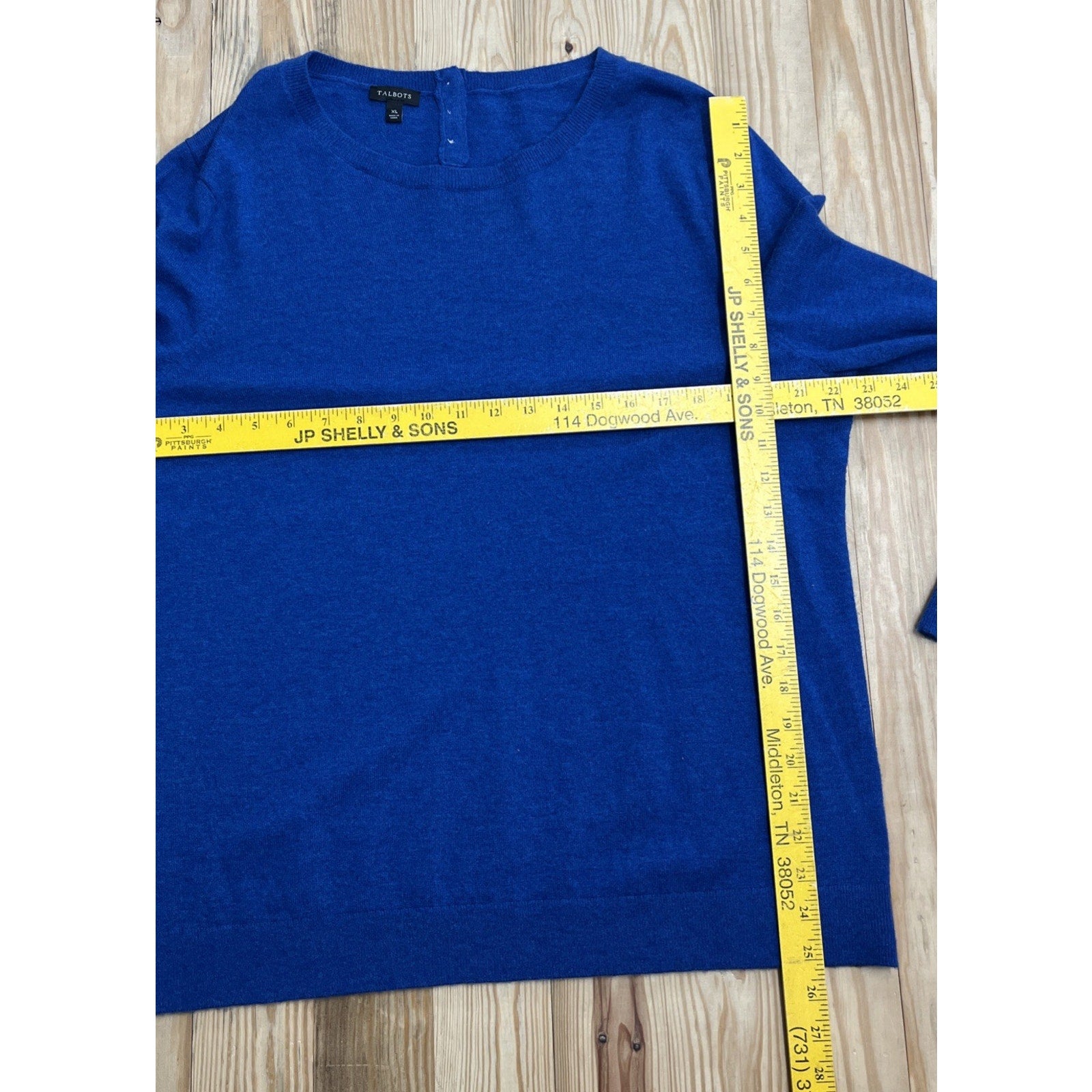 Talbots Blue Lambswool Button Back Sweater Bell Cuffs Size XL