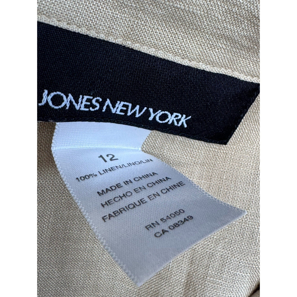 Jones New York Tan Linen Cap Sleeve Button Down Blouse Designer Buttons Size 12