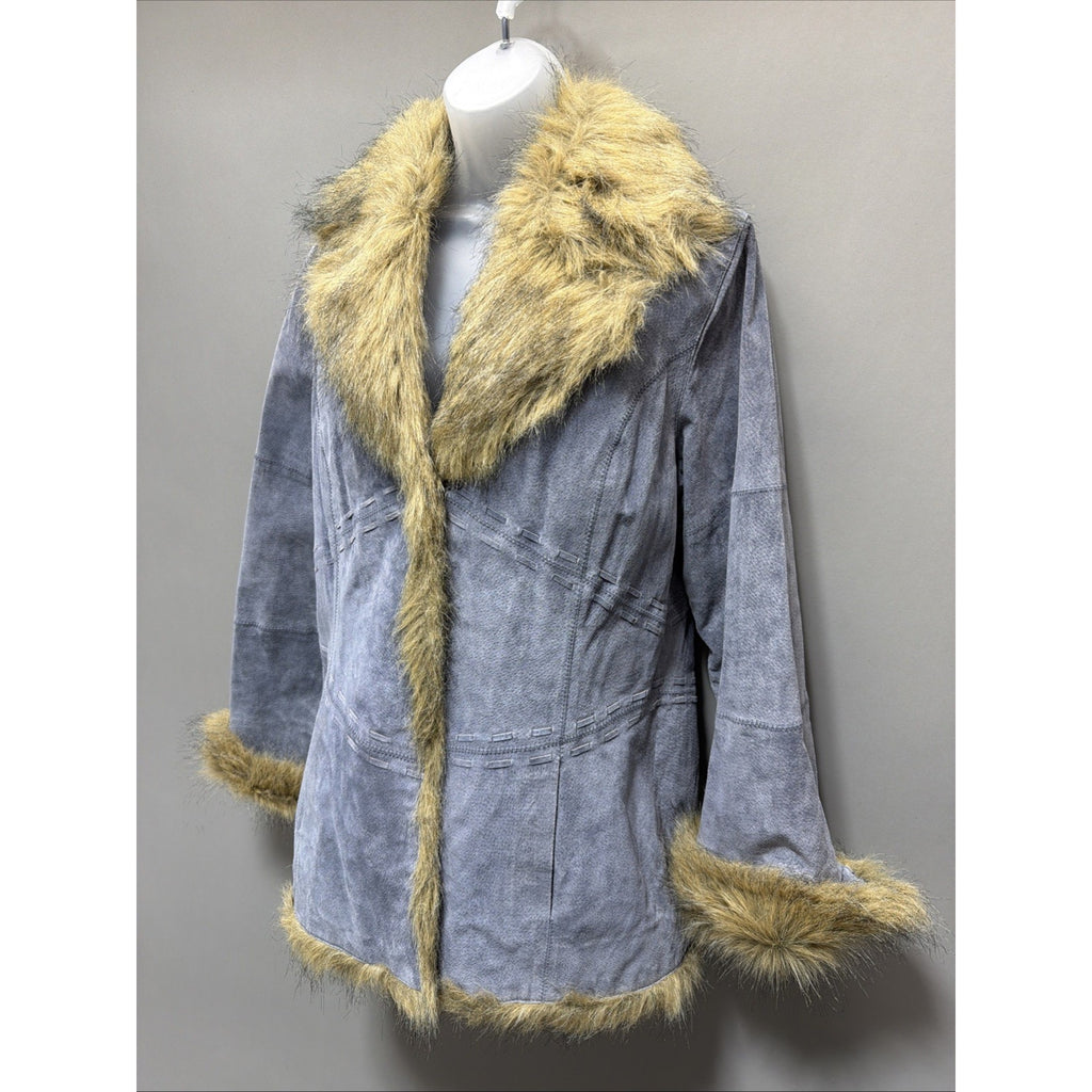 Vintage Outbrook Womens M Blue Genuine Leather Jacket Lined Faux Fur Collar