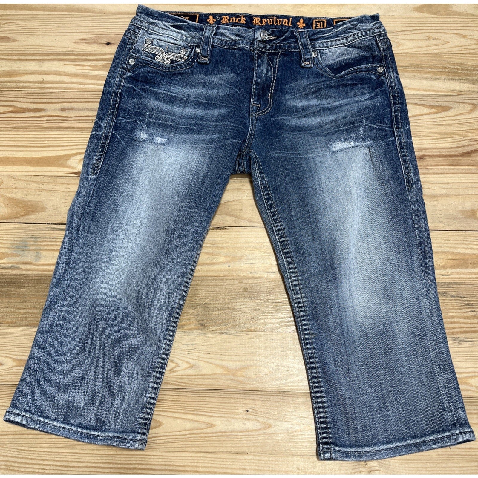 Rock Revival Jeans Women 31 Blue Sherry Easy Crop Embroidered Back Flap Jeweled