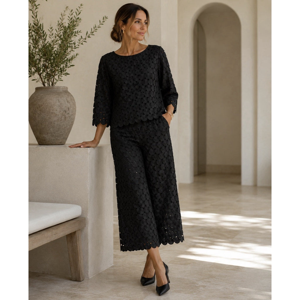 Ann Taylor Petite 2PC Black Textured Circle Applique Top Pants Set 6P Bottom S
