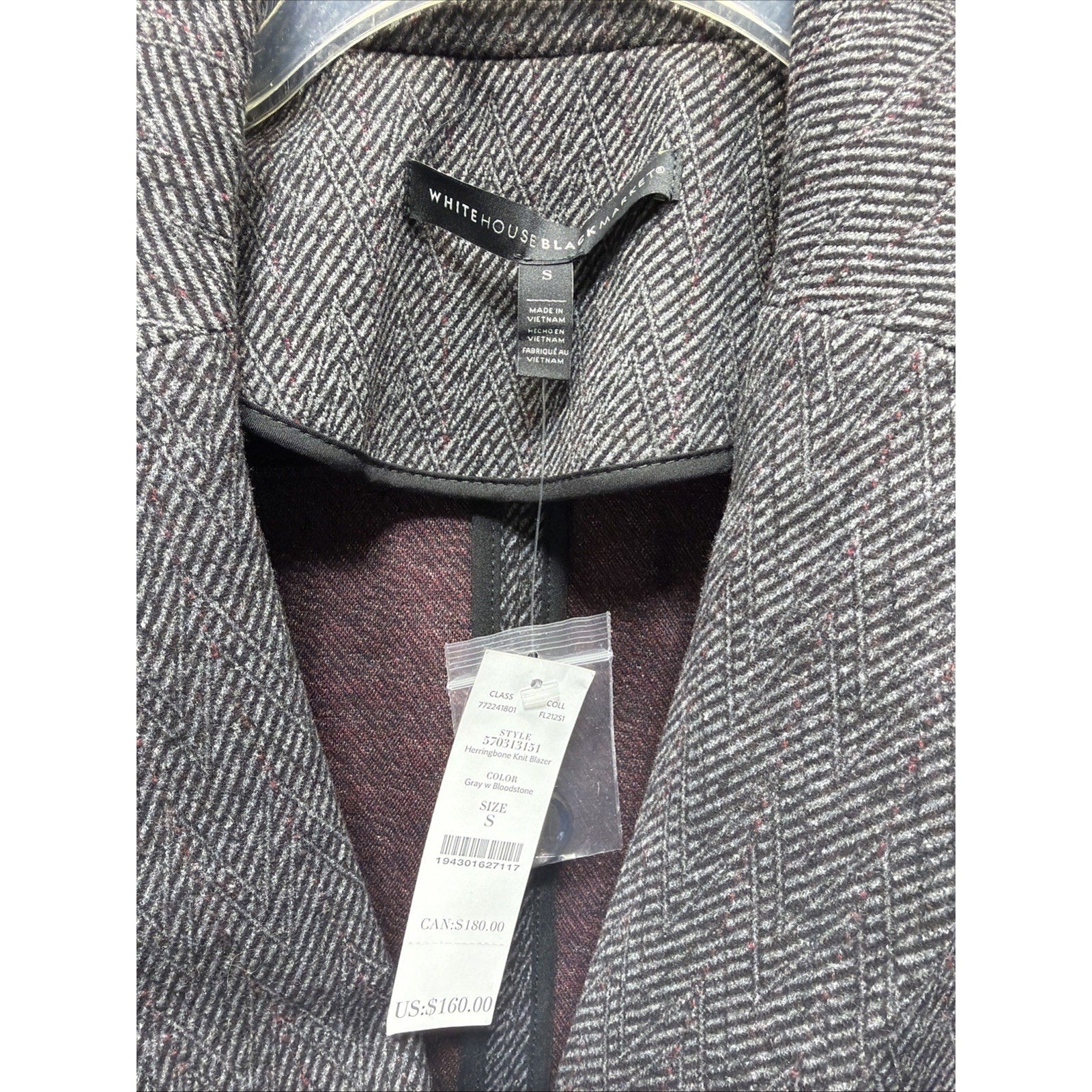 NWT White House Black Market Herringbone Knit Blazer Jacket Gray Bloodstone S