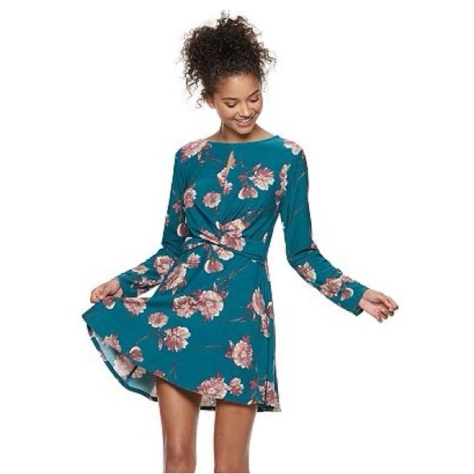 Lily Rose Twist Front Swing Dress Teal Mauve Flowers Floral Midi Dress XL Stretc