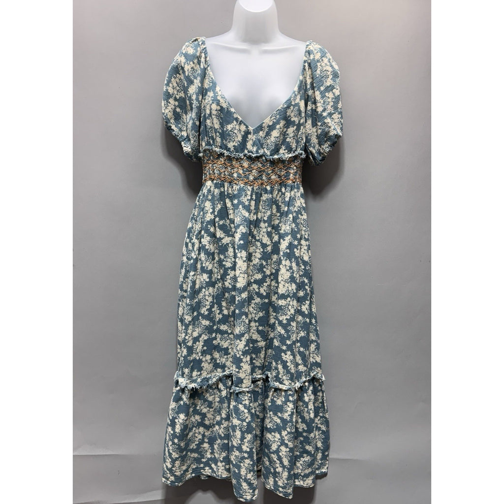 Free People Blue Cream Floral Smocked Puff Sleeve Midi Dress Women’s Medium Boho