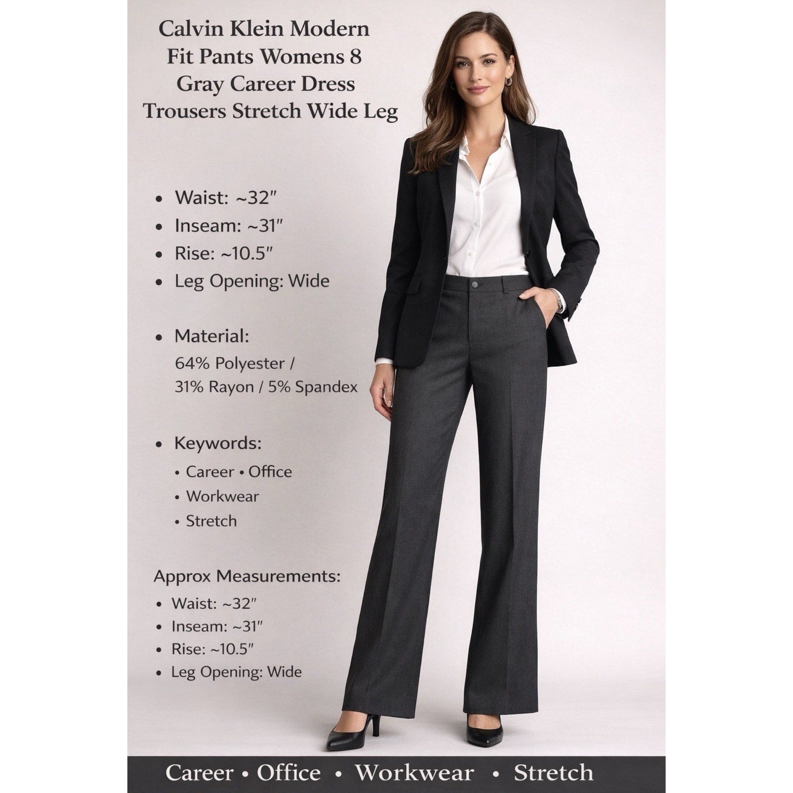 Calvin Klein Modern Fit Pants Womens 8 Gray Career Dress Trousers Stretch Wide