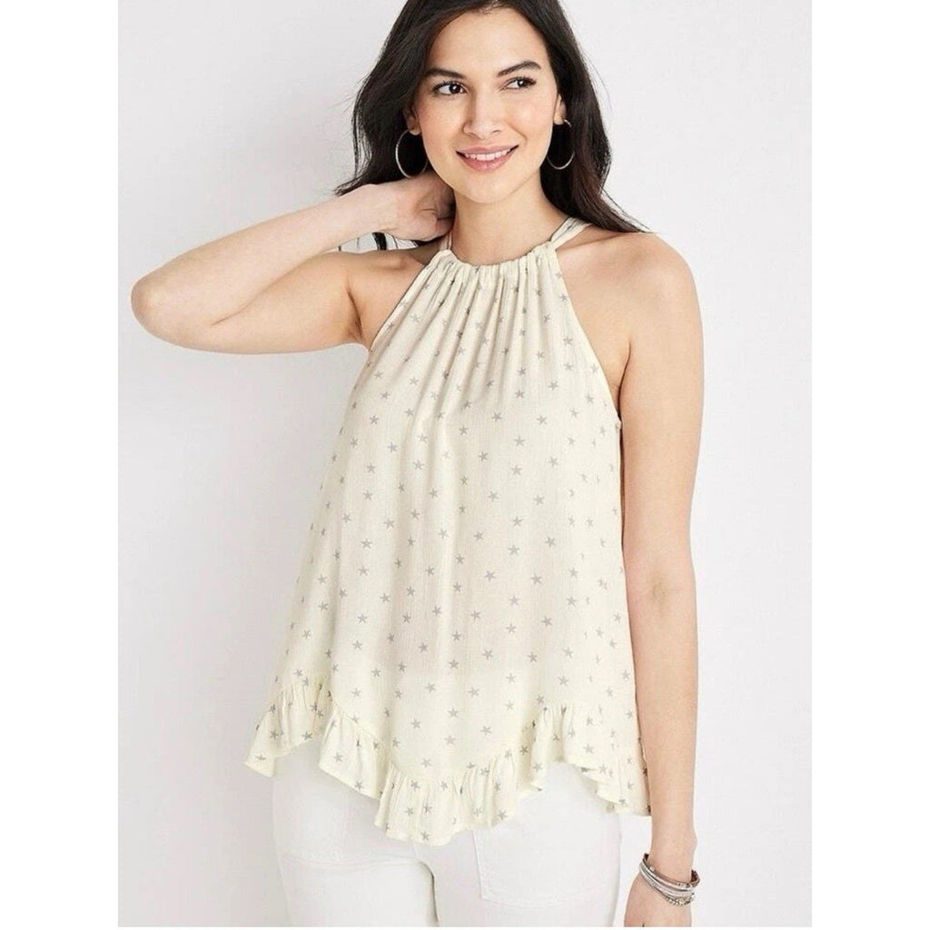 Maurices Ivory Gray Stars Halter Top Boho Ruffled Women’s Size Large NWT