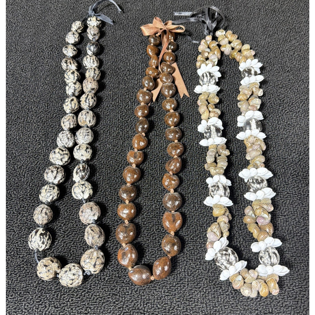 3 Mongo Shell Hawaiian Lei Necklace Accented w/ Kukui Nuts Luau