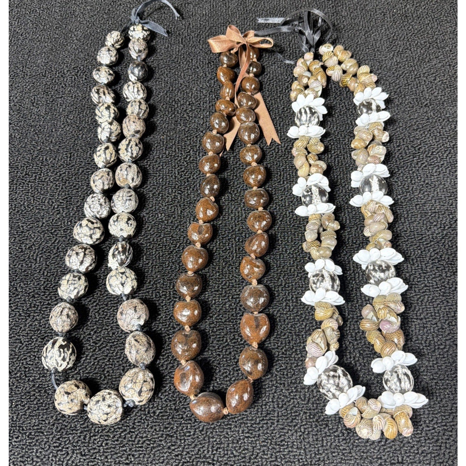 3 Mongo Shell Hawaiian Lei Necklace Accented w/ Kukui Nuts Luau