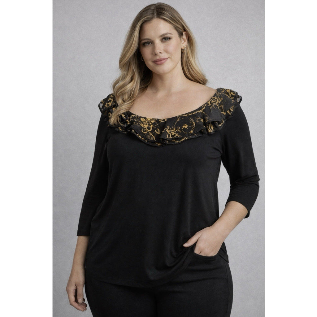Lauren Ralph Lauren Women’s 1X Black Gold Ruffle Neck Top 3/4 Sleeve Stretch
