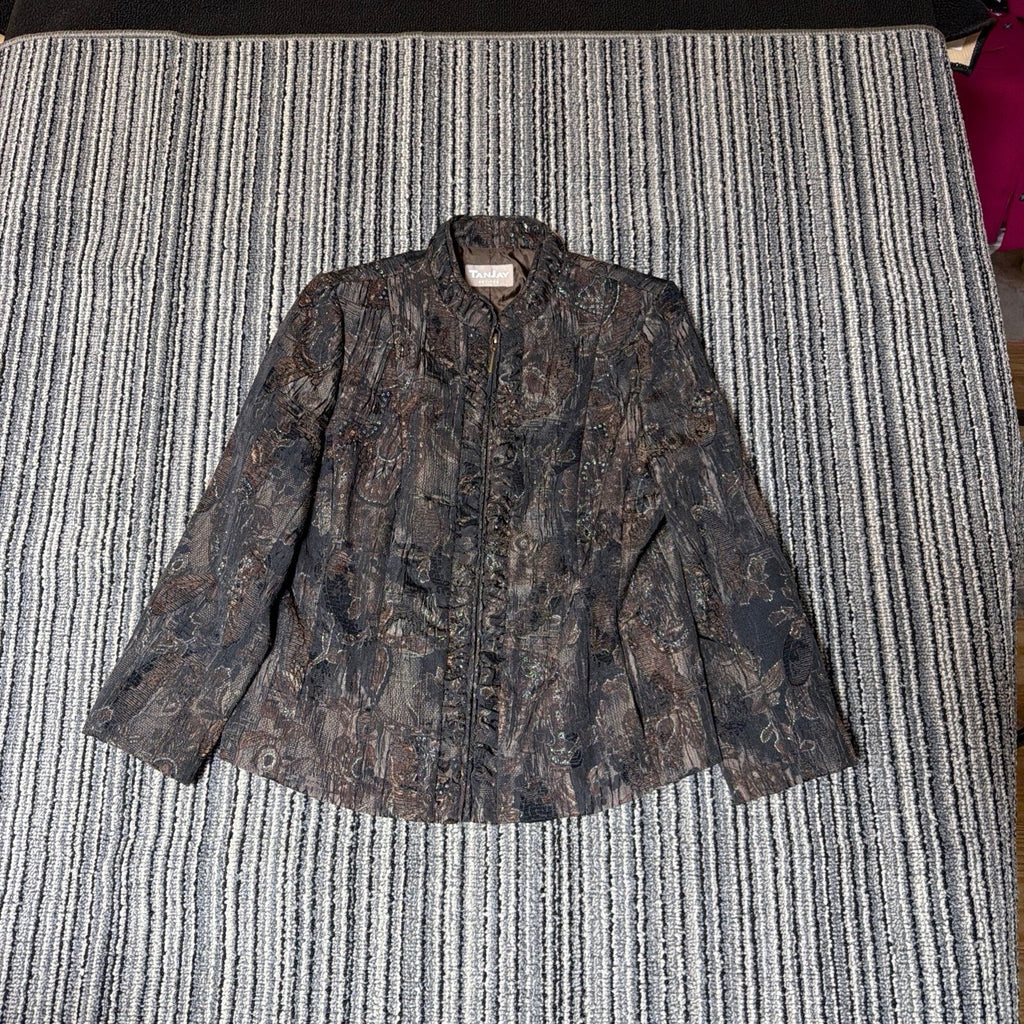 TanJay Petites Jacket Womens Brown Black Metallic Paisley Ruffle Zip Front Lined