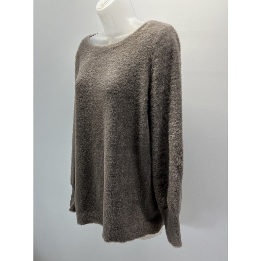 Chicos 1 Sz M Round Neck Soft Fuzzy Puff Sleeve Sweater Taupe