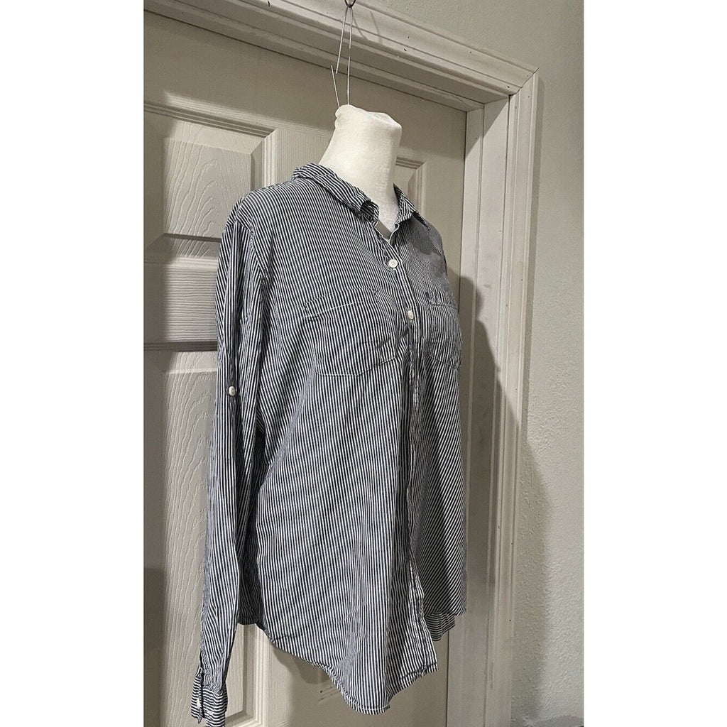 MOSSIMO Women's Gray/White Striped Full Button Down Long Sleeve Shirt Size M