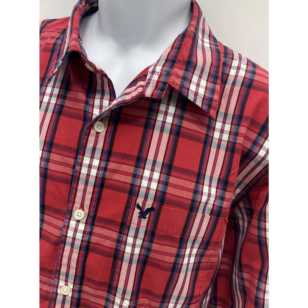 American Eagle Mens Vintage Fit Red Blue Plaid Long Sleeve Button Up Shirt Sz XL