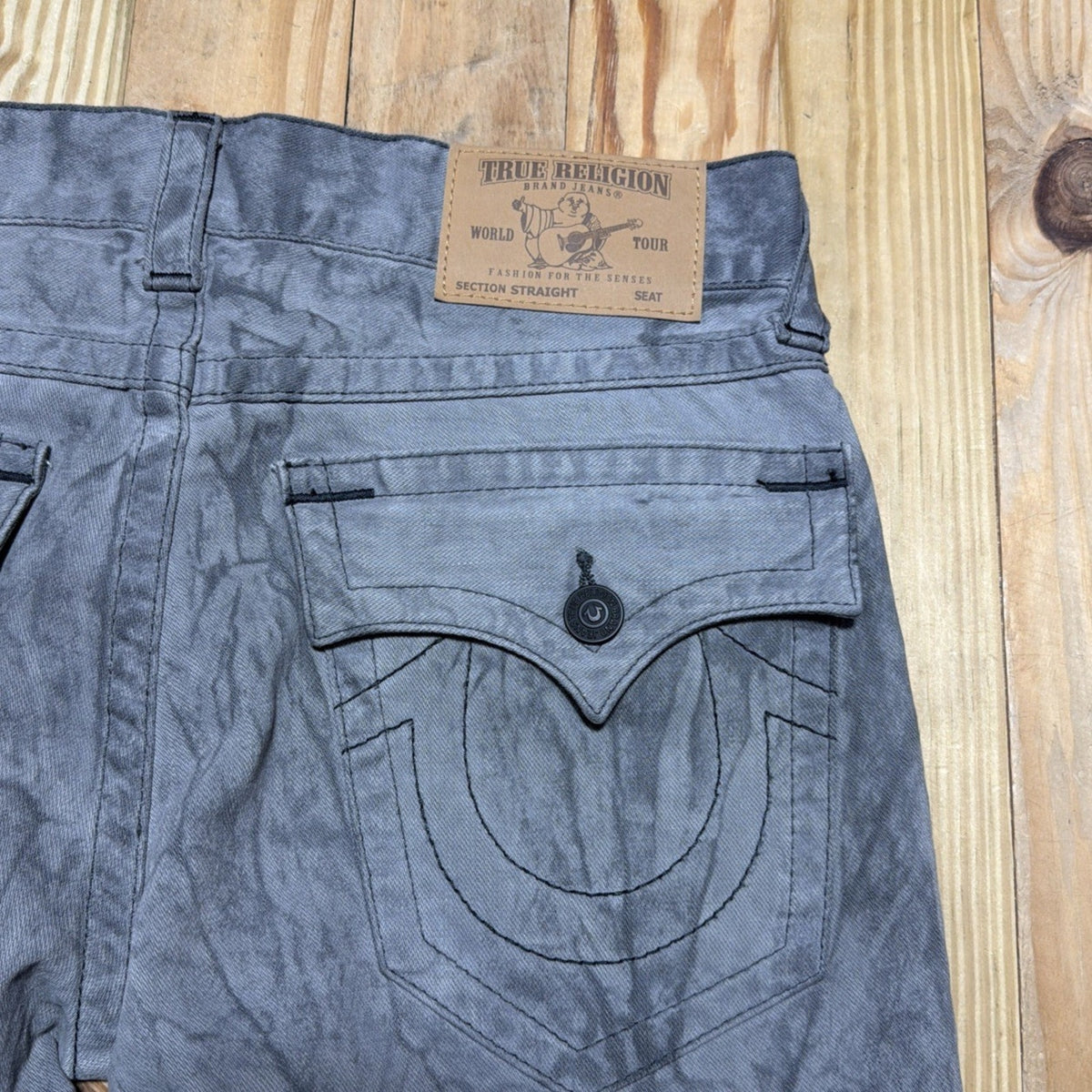 True Religion Straight Jeans Mens 34 x 33 Gray Black Dark Denim Flap