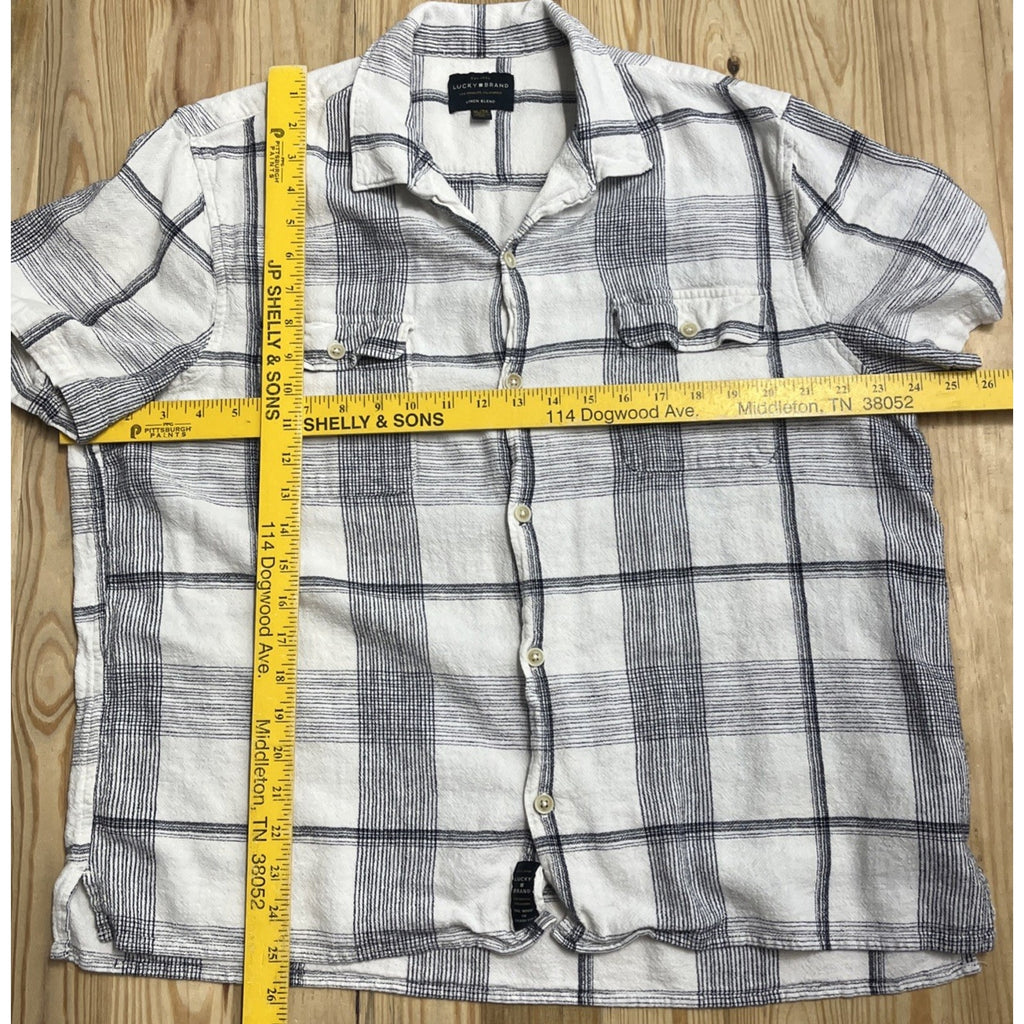 Lucky Brand Linen Blend Short Sleeve Plaid Button Front Shirt Men's XL White
