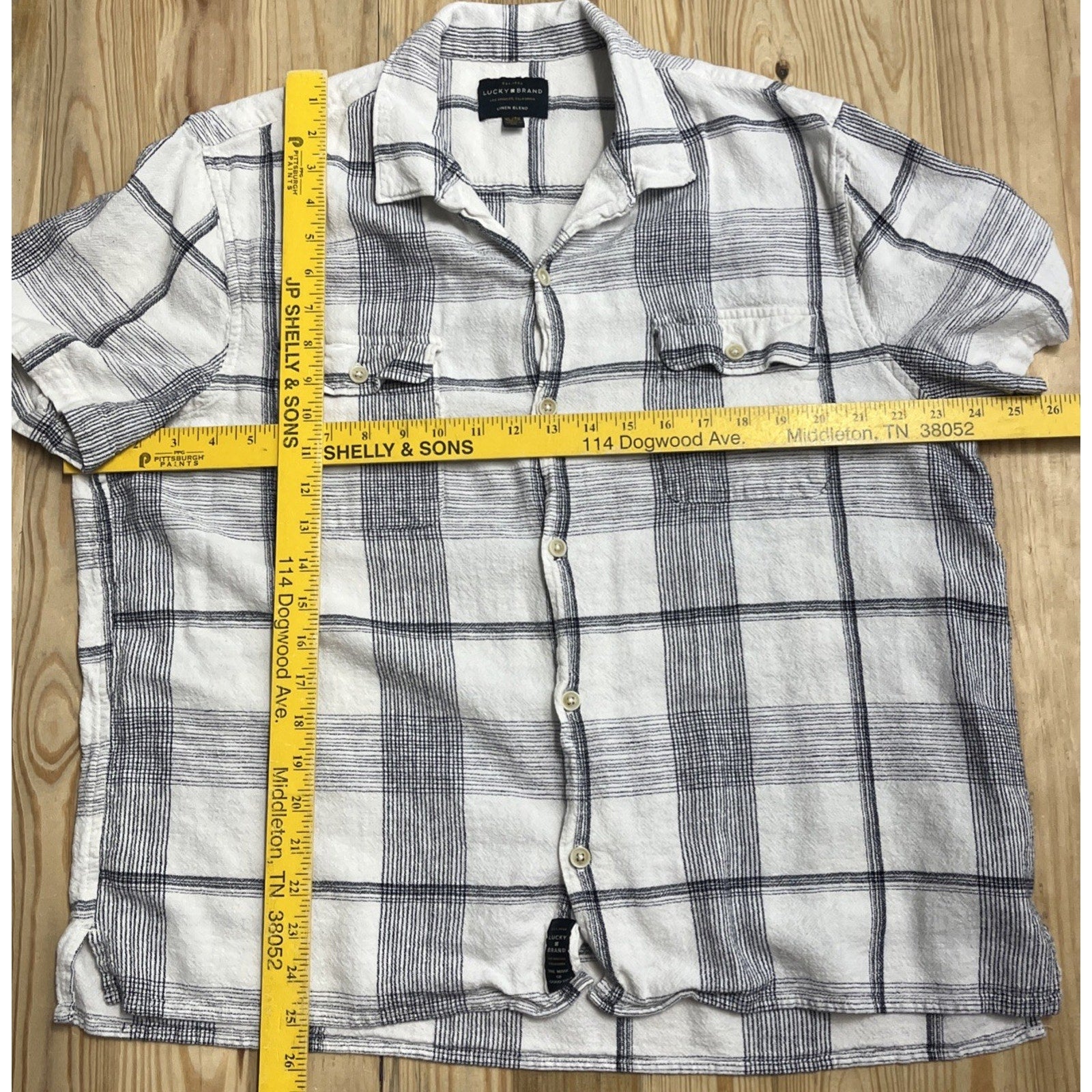 Lucky Brand Linen Blend Short Sleeve Plaid Button Front Shirt Men's XL White