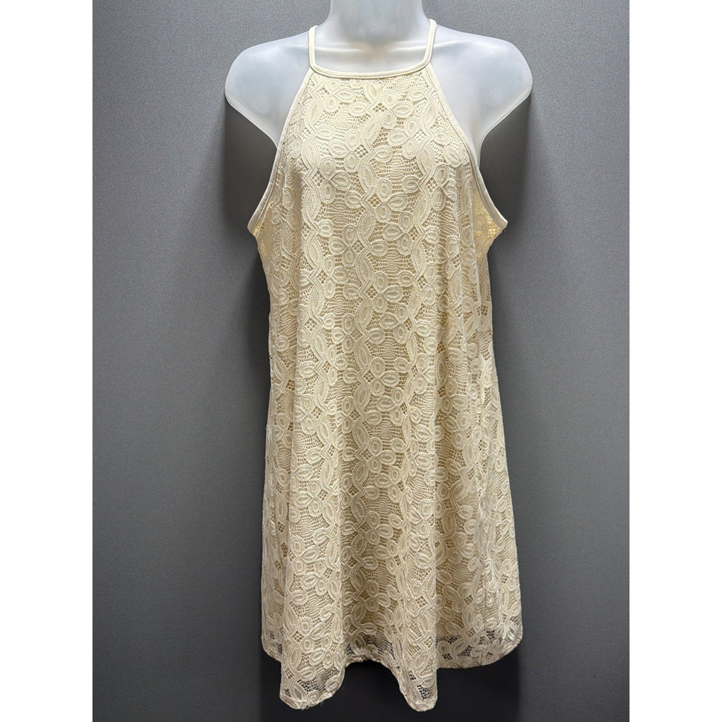 Love Fire Ivory Lace Halter Shift Dress Womens L Sleeveless Lined Boho Mini