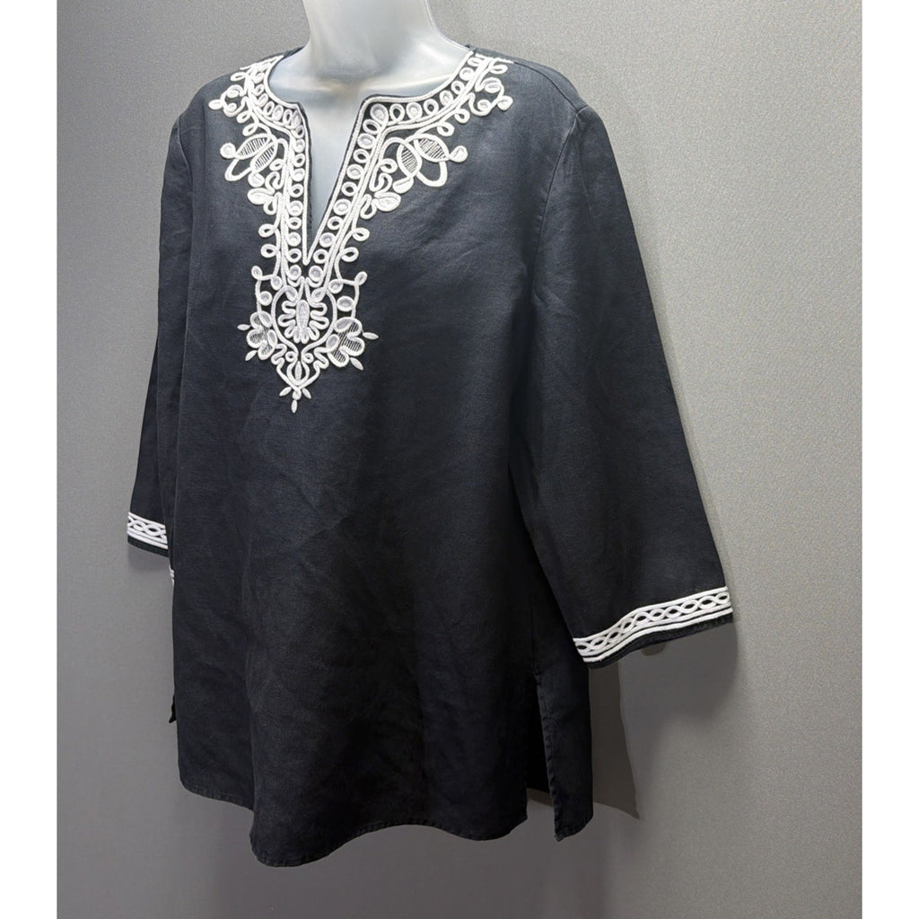 Jones New York Women’s 100% Linen Tunic Top Size L Black White Lace Trim