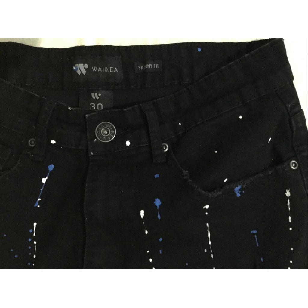Waimea Paint Splatter Ripped Black Denim Shorts Skinny Fit Frayed Men's 30