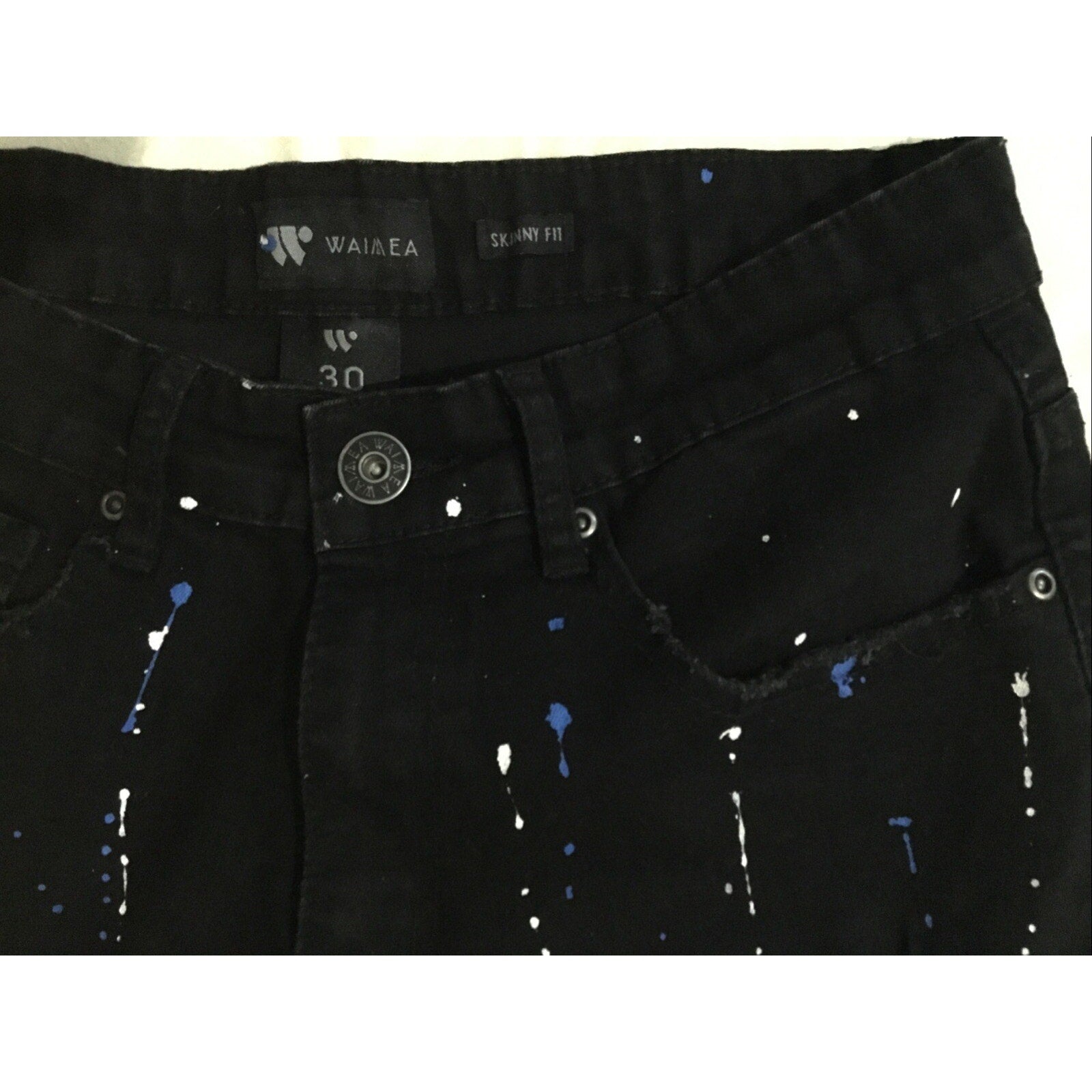 Waimea Paint Splatter Ripped Black Denim Shorts Skinny Fit Frayed Men's 30