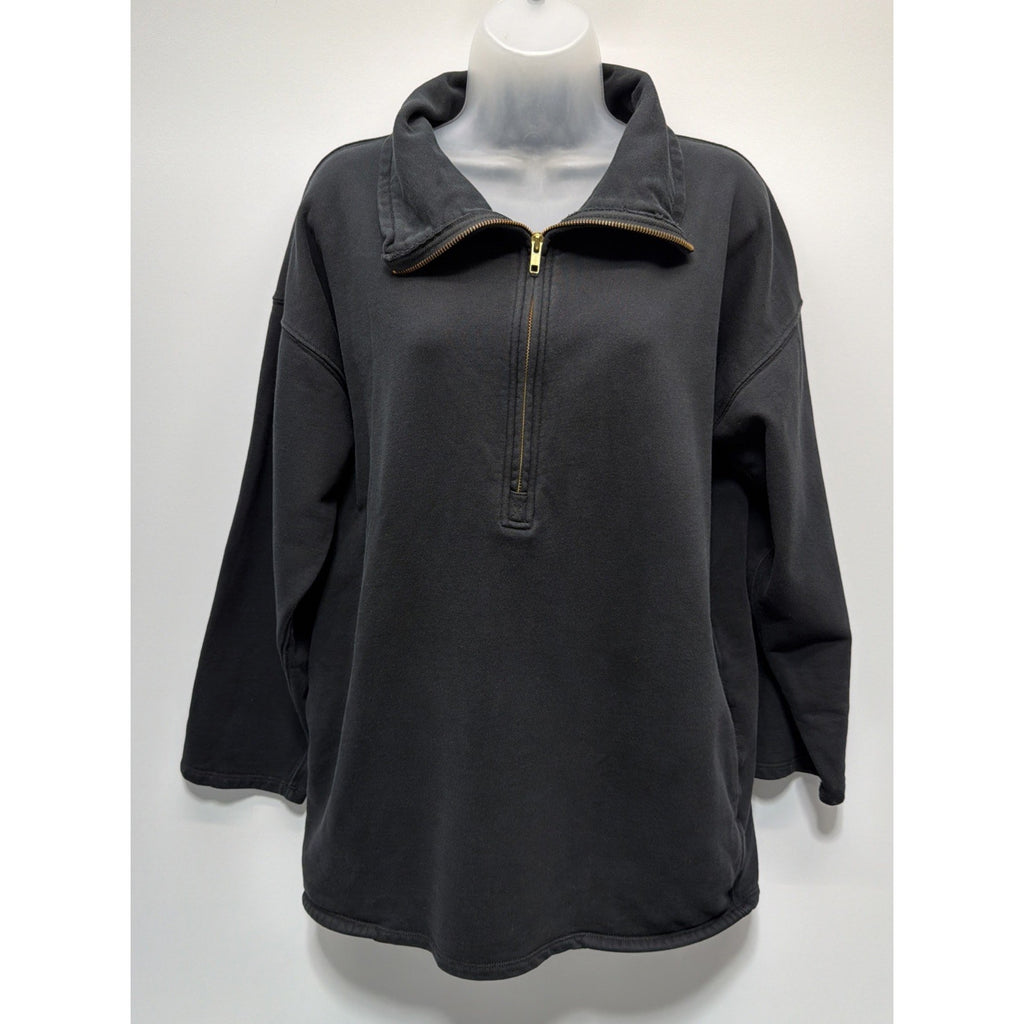 J Crew Heritage Sweatshirt Womens Small Black 1/2 Zip Terry Tunic Pockets