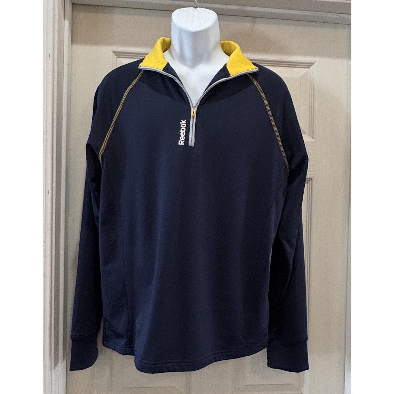Reebok Navy Blue Athletic Pullover/Quarter Zip Yellow Long Sleeve Men’s Small