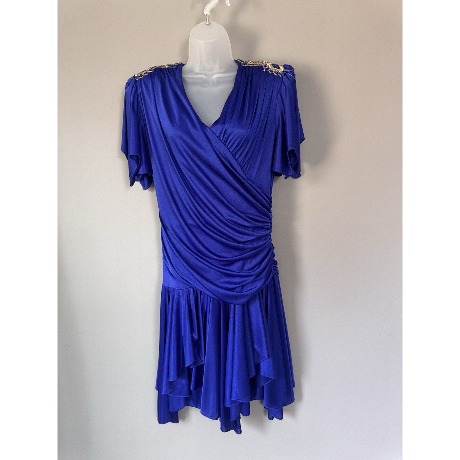 Royal Blue Embellished Padded Shoulder Dress Draped Ruffle Hem Cocktail Party M