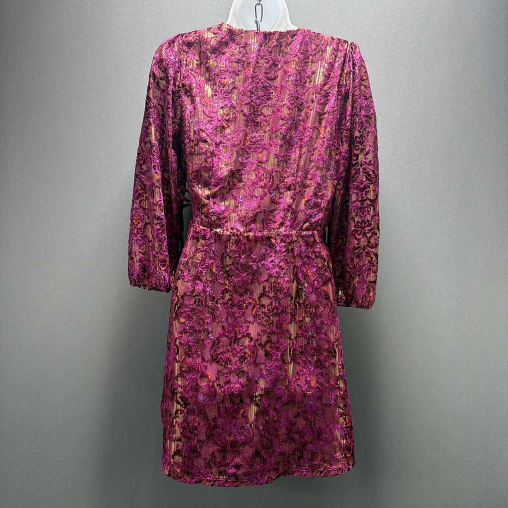 NWT LOFT $120 Shimmer Floral Velvet Wrap Dress Puff V-Neck Pink Purple Size 2