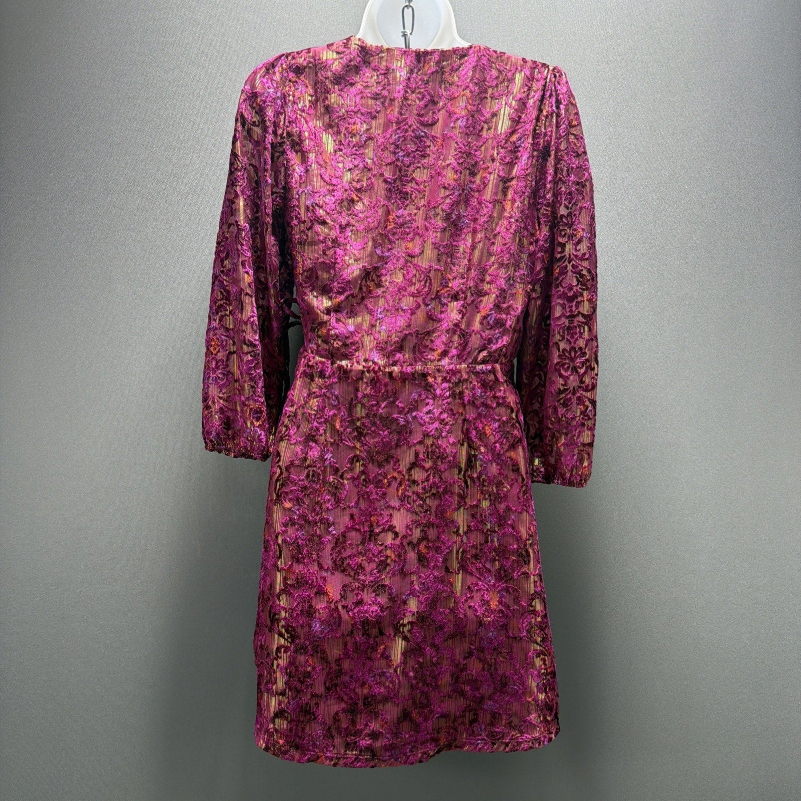NWT LOFT $120 Shimmer Floral Velvet Wrap Dress Puff V-Neck Pink Purple Size 2