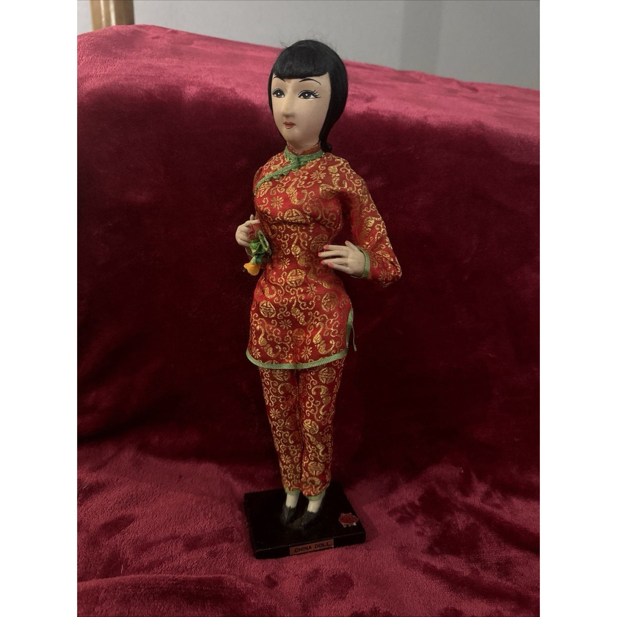 Vintage Taiwan Chinese Doll 14” Red Gold Brocade Folk Art Costume Stand
