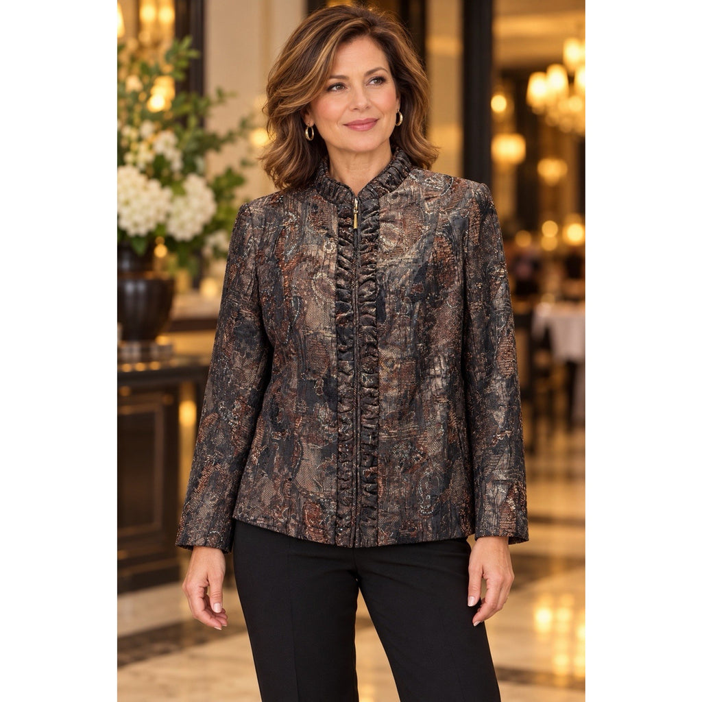 TanJay Petites Jacket Womens Brown Black Metallic Paisley Ruffle Zip Front Lined
