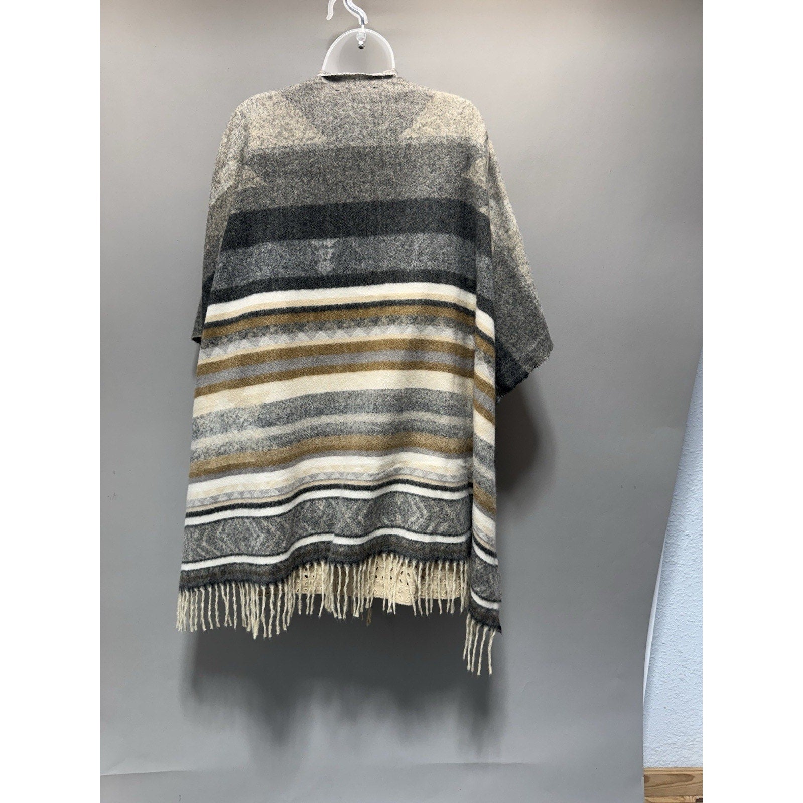NWT Vince Camuto Ruana Poncho Wrap Shawl Black Neutral Stripe Fringe One Size