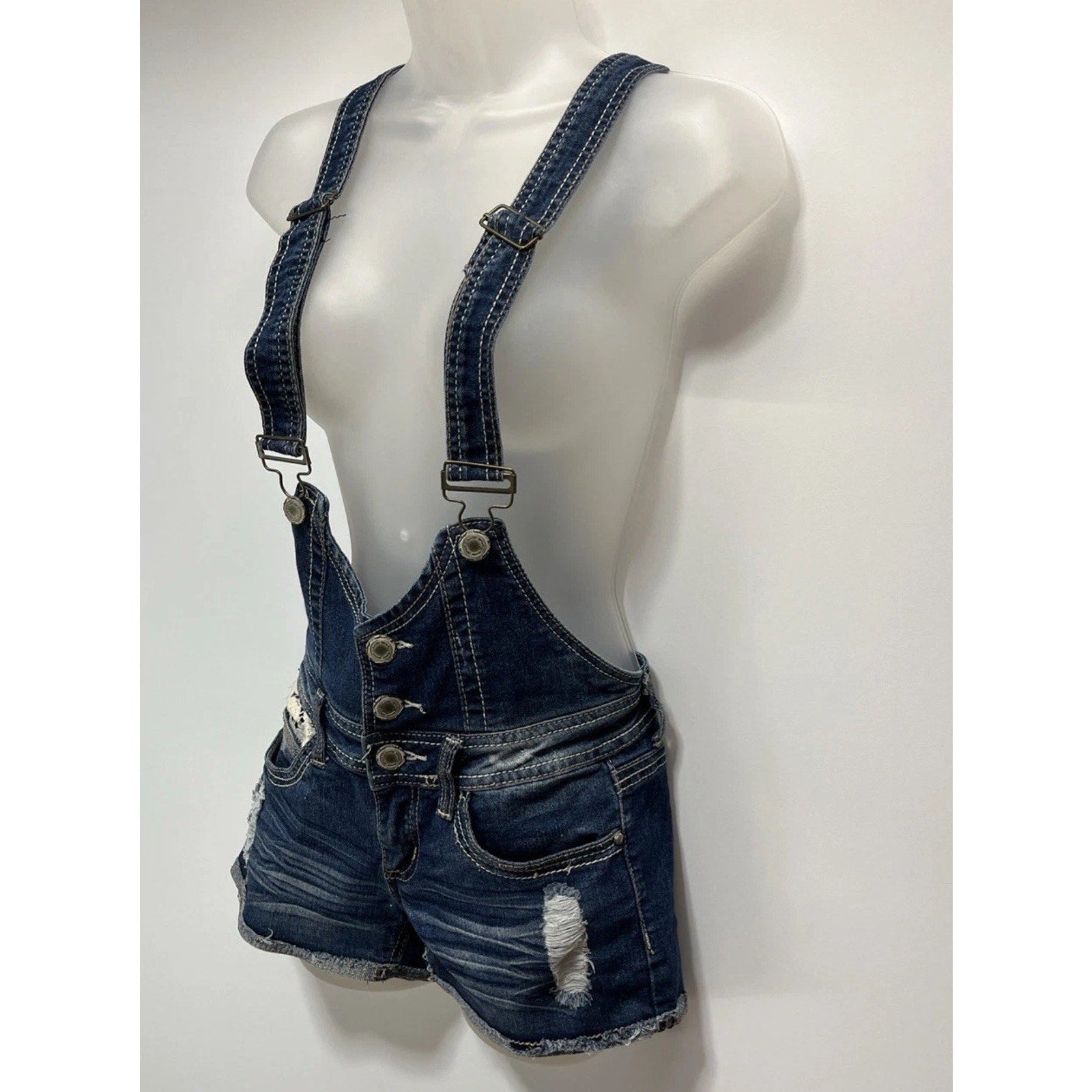 Almost Famous Denim Overall Shorts Shortall Distressed Sz. 1