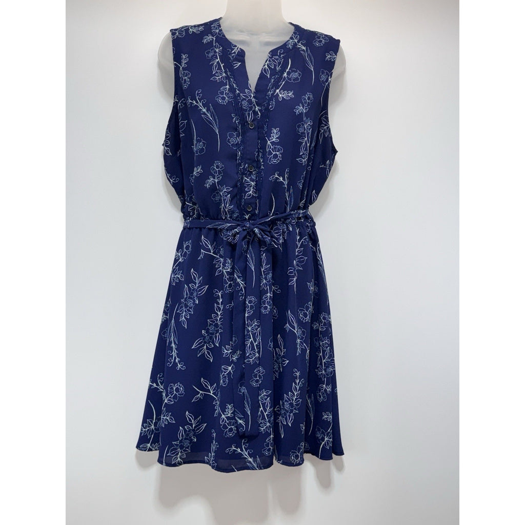 Apt 9 Pintuck Shirt Dress Sleeveless Midi Blue Floral Cinched Waist Size XXL
