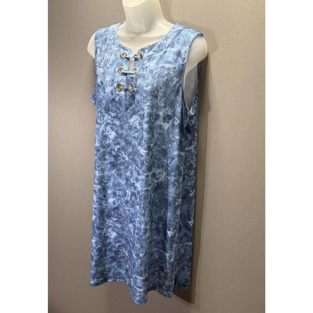 Michael Michael Kors Blue Acid Wash Grommet Keyhole Shift Dress Large Sleeveless